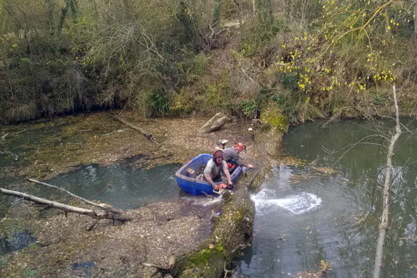 tronçonnage d’un tronc encombrant une rivière à l’aide d’une barque